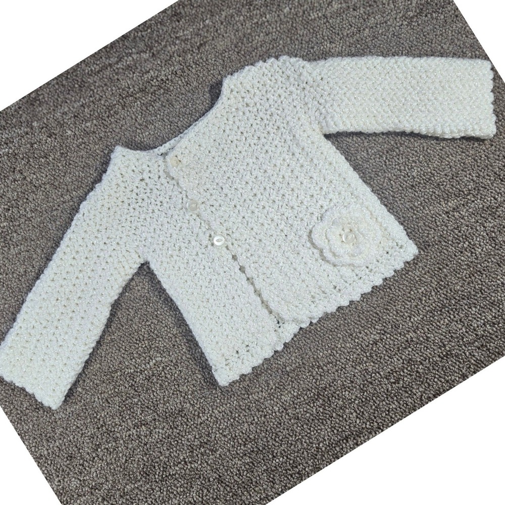 Handmade Crochet Baby Cardigan Pearl White Shimmer Flower Sweater 3-6 Months